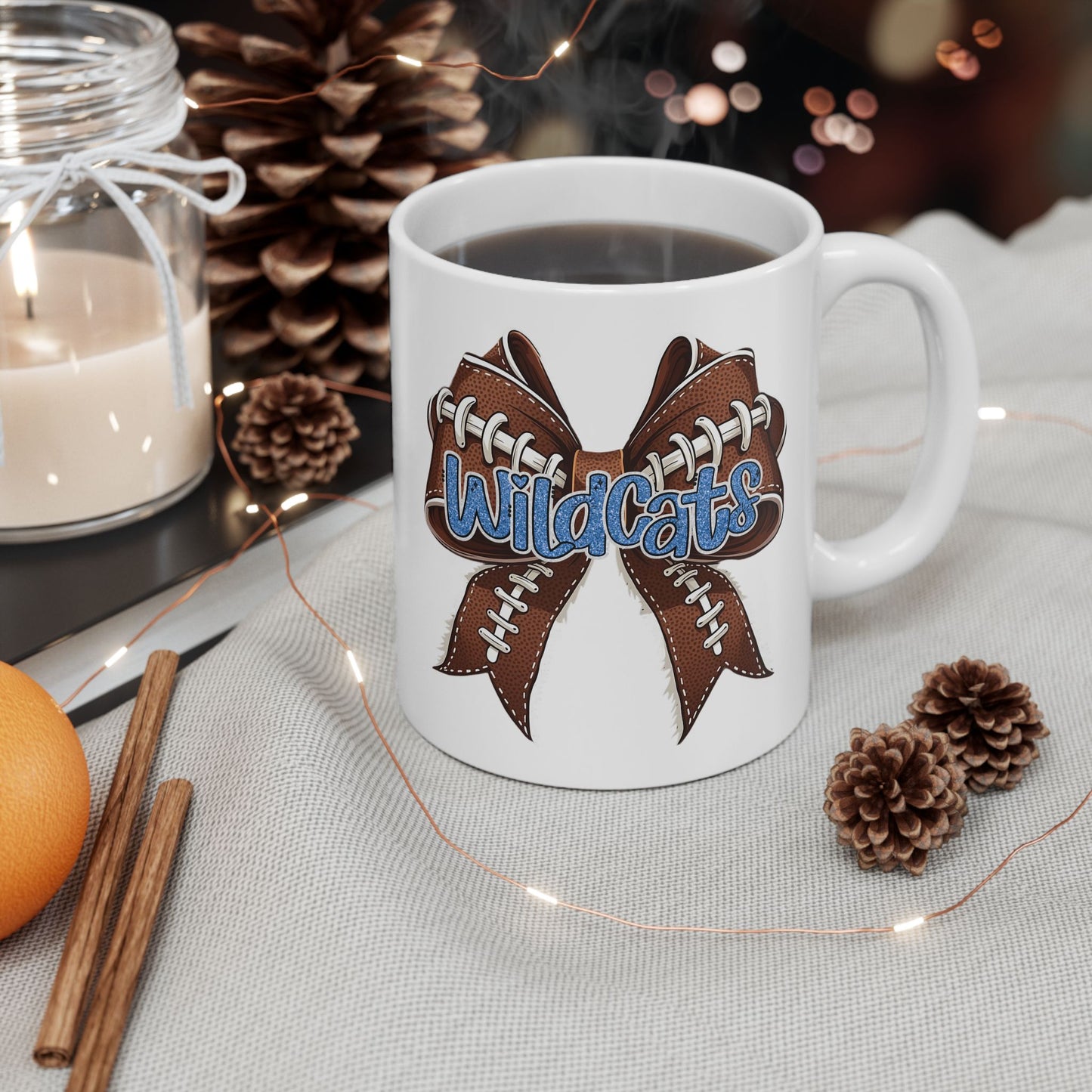 Blue, Glitter, Football, Bow, Wildcats Ceramic Mug - Cute Coffee Cup