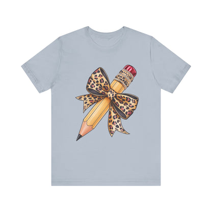 Leopard Bow Pencil Tee - Cute Teacher Gift, Back to School Outfit, Art Lover Shirt, Classroom Apparel, Fun Educational Shirt