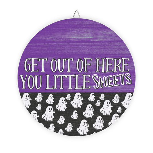Get out of here you little sheets, halloween, trick or treat, flipping bird, ghosts, Door, Decor, Sign, Wreath, Wooden Door Hanger