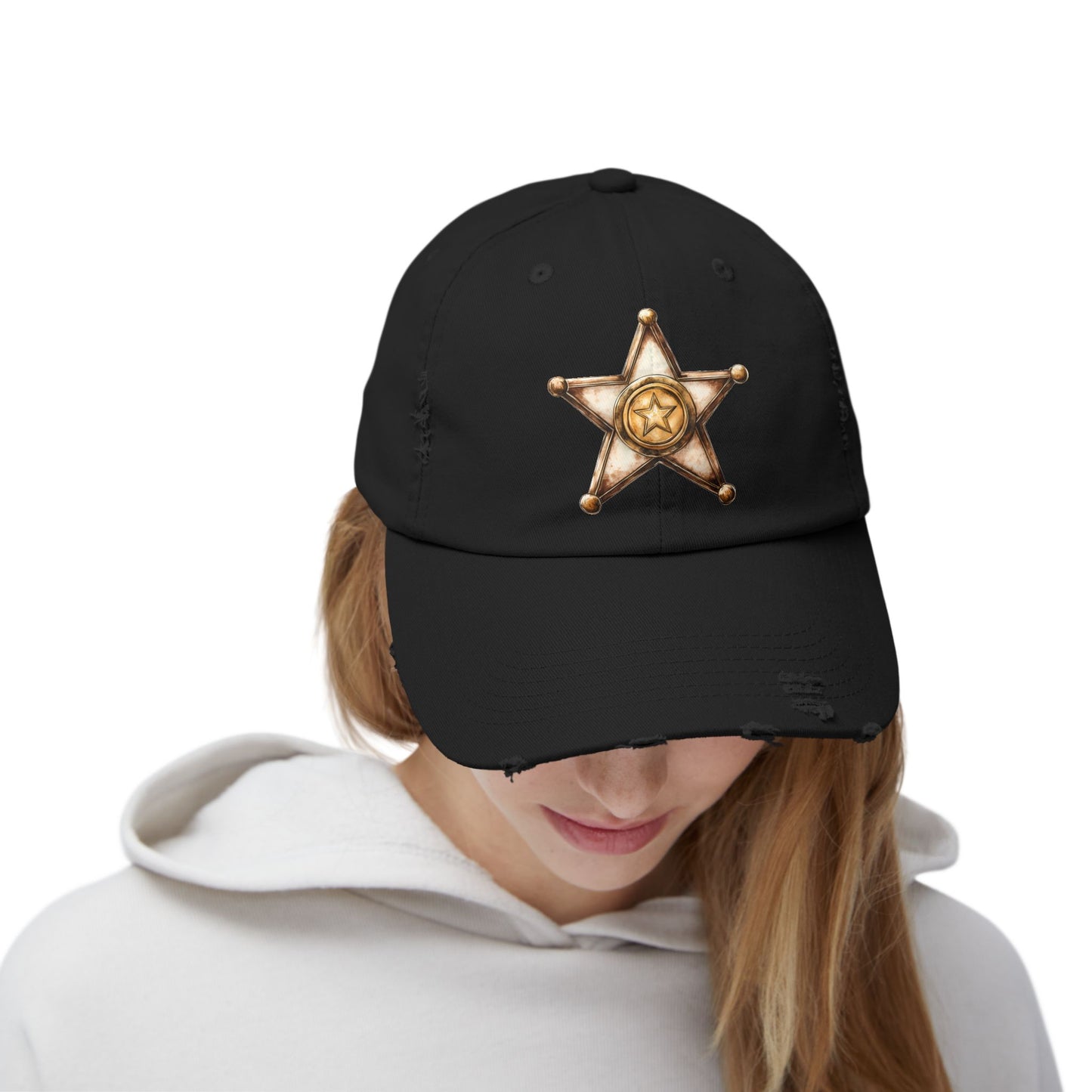 Unisex Distressed Sheriff Cap, Adjustable Hat, Casual Headwear for Outdoor Adventures, Gifts for Police Fans, Unique Fashion Accessory