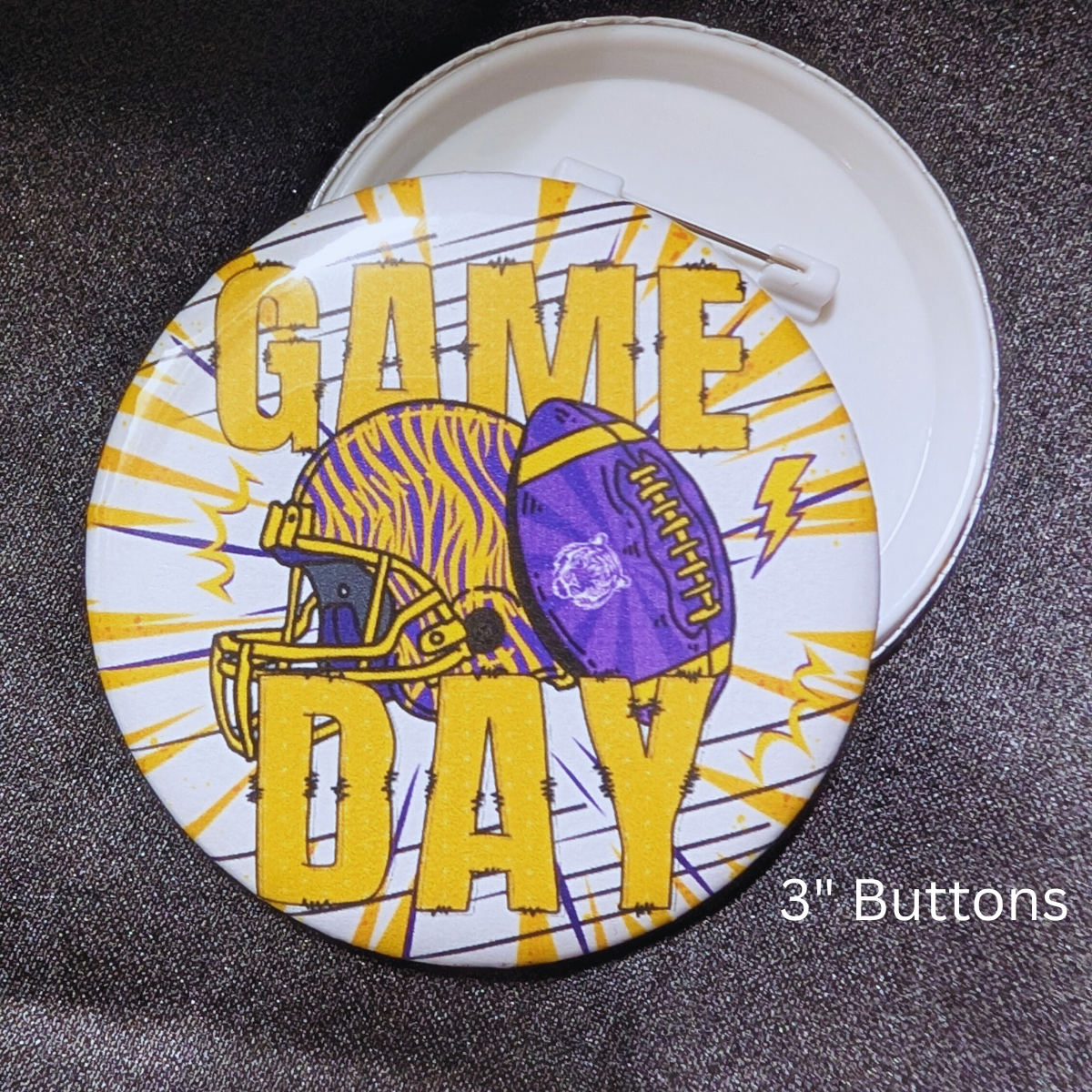 Game Day, Football, purple and gold  3" Buttons, Pin