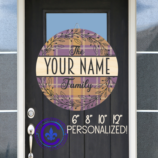 Personalized, Family Name, Purple and Gold, Plaid, LSU Door, Decor, Sign, Wreath, Wooden Door Hanger