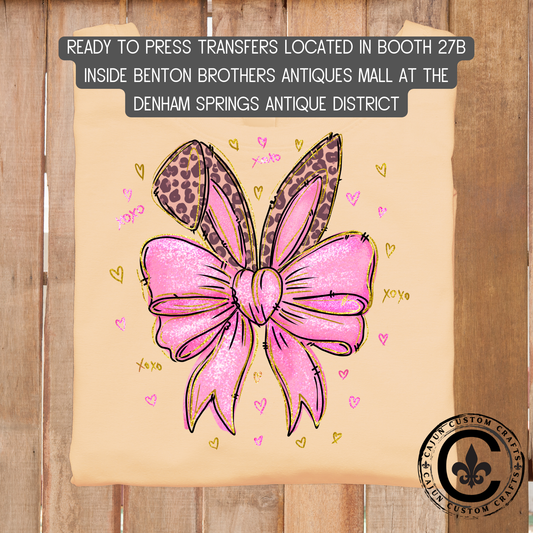 Leopard Bunny Ears with Pink Bow dtf transfer, tshirt, tumbler, jewelry