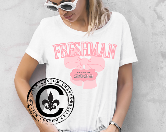 Freshman 2029 with a cute bow on a Unisex tshirt, female high school