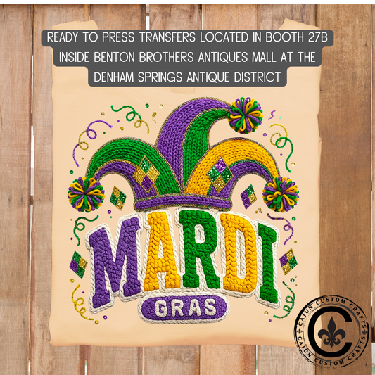 faux yarn jester mardi gras dtf transfer, tshirt, tumbler, jewelry