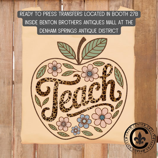 Teach, Apple, Retro, Leopard, dtf transfer, tshirt, tumbler, jewelry