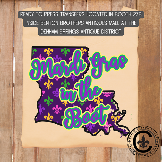 Mardi Gras in the Boot dtf transfer, tshirt, tumbler, jewelry