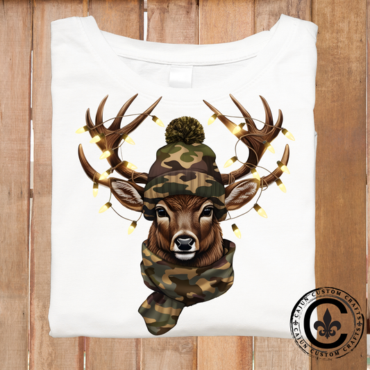 Deer, Christmas Lights and camo hat and scarf