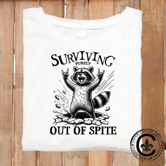 Surviving out of spite, Raccoon, holding up rock hands.