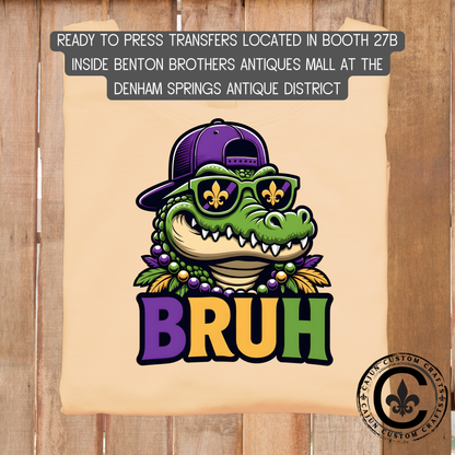 aligator, bruh, mardigras dtf transfer, tshirt, tumbler, jewelry