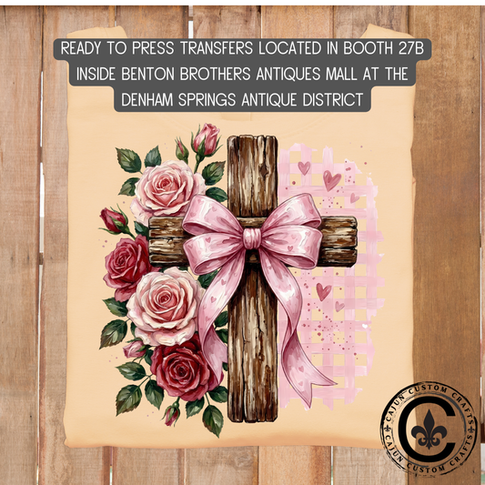 Cross with Roses dtf transfer, tshirt, tumbler, jewelry
