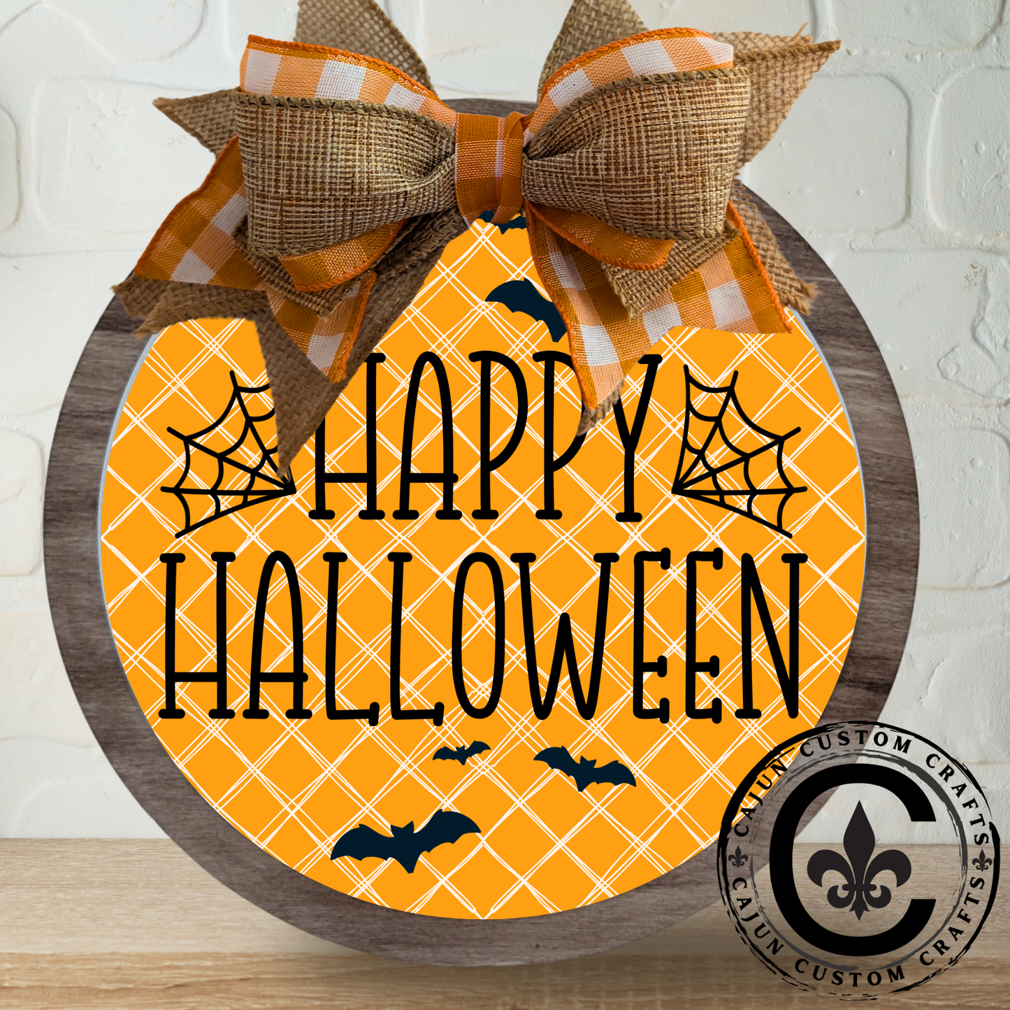 Fall, Happy Halloween with bats and cobwebs sign with a cute orange checkerboard