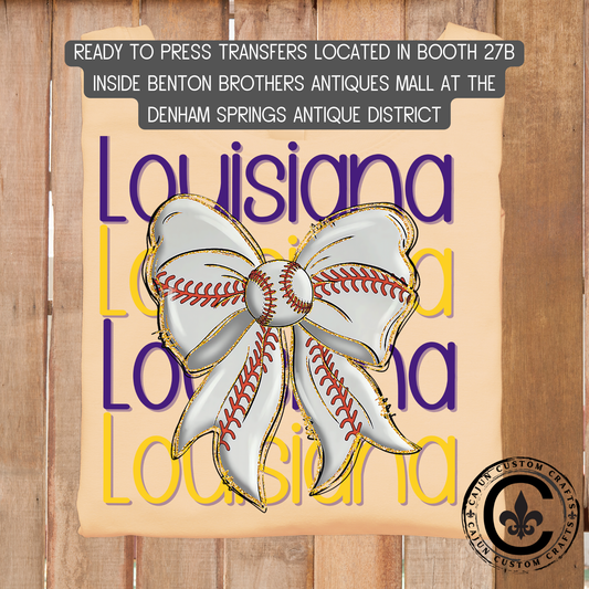 Louisiana, Baseball Bow dtf transfer, tshirt, tumbler, jewelry