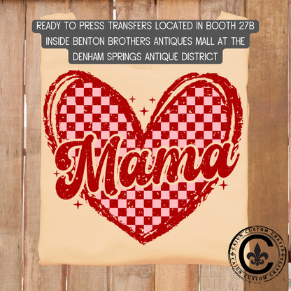 mama retro, checker, heart, dtf transfer, tshirt, tumbler, jewelry