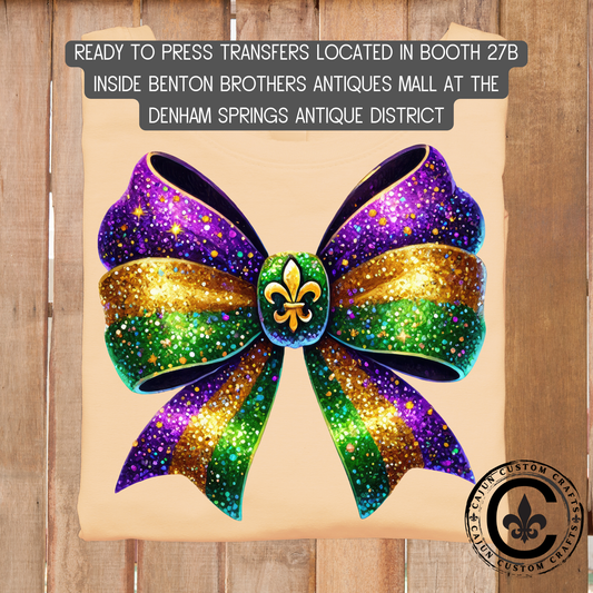 Mardi Gras Shimmer Bow, dtf transfer, tshirt, tumbler, jewelry