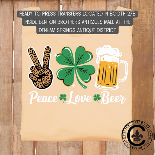 Peace, Love, Beer st patrick dtf transfer, tshirt, tumbler, jewelry