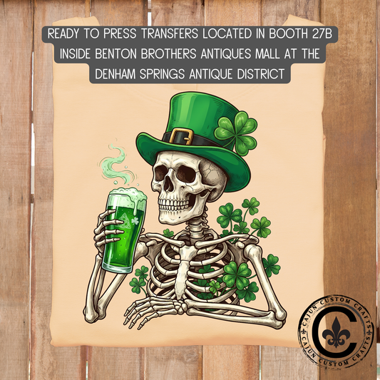 St Patrick Skeleton Drinking, dtf transfer, tshirt, tumbler, jewelry