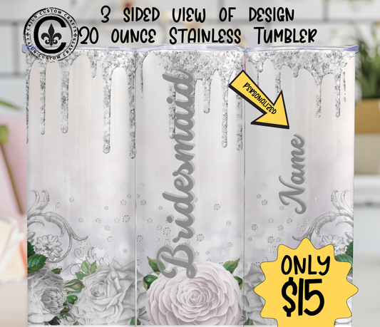 Personalized Bridesmaid, 20 ounce stainless tumbler, Bridal Party, Gifts, Wedding, Matching, White, Silver Glitter, Glamorous