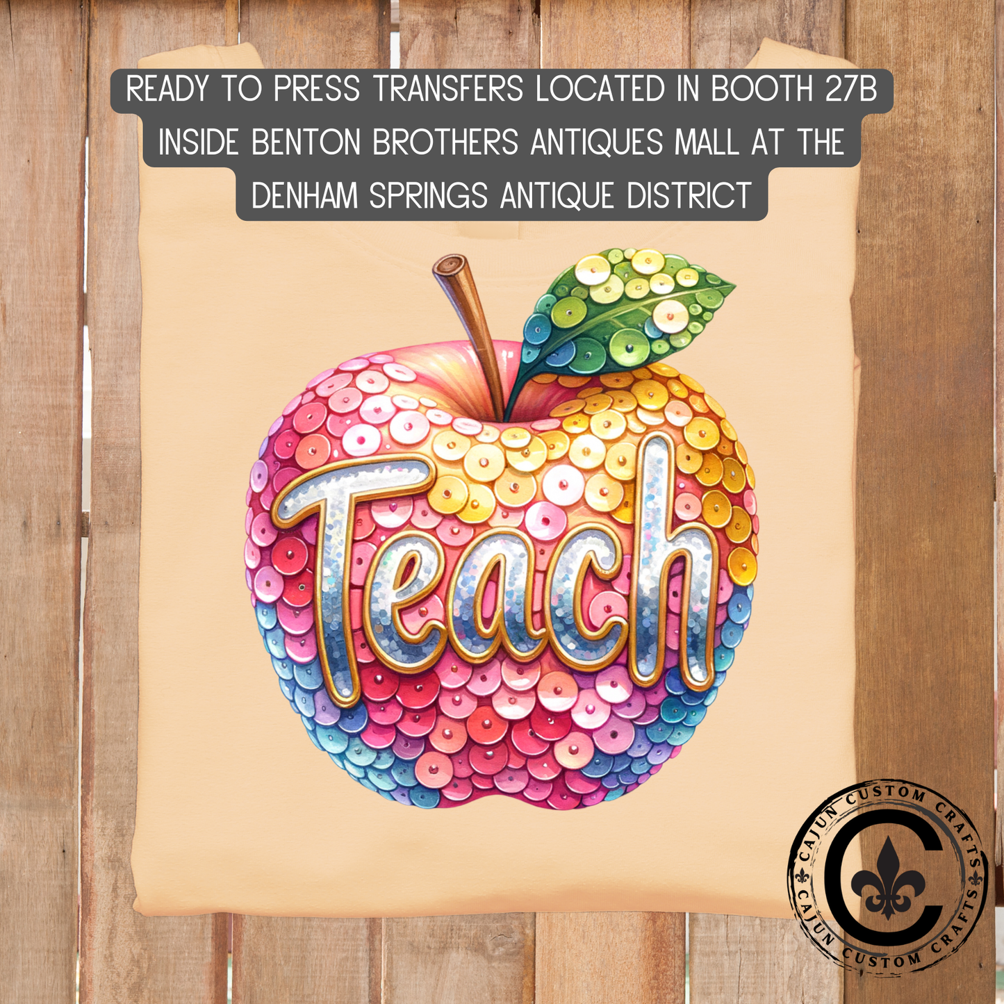 Faux Sequin, Teach Apple dtf transfer, tshirt, tumbler, jewelry