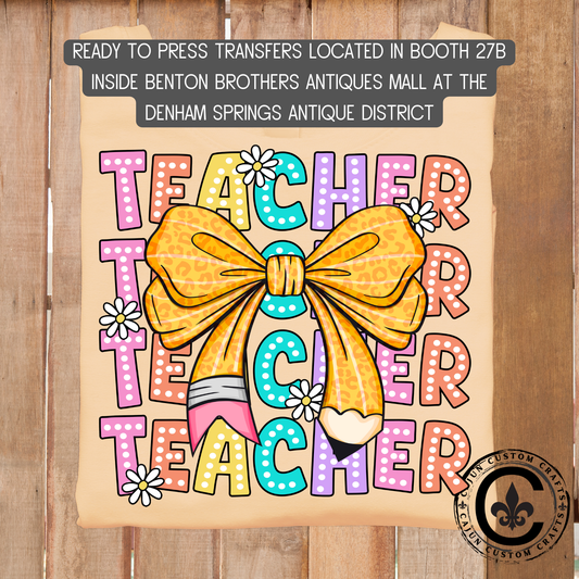Teacher, Stacked, Pencil Bow, dtf transfer, tshirt, tumbler, jewelry