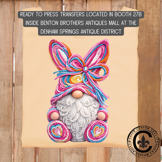 faux yarn gnome bunny dtf transfer, tshirt, tumbler, jewelry